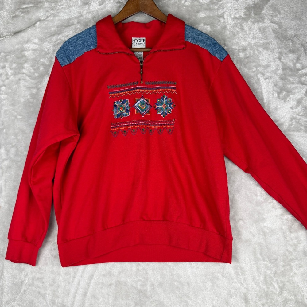 Koret Vintage‎ Quarter Zip Embroidered Sweatshirt Denim Trim Med